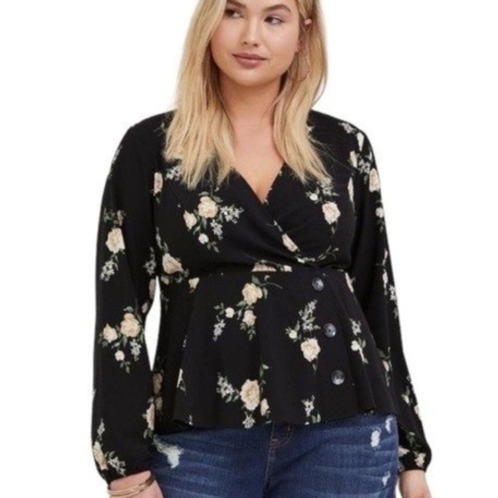 Torrid‎ Black Floral Peplum Wrap Blouse Long Sleeve Button Front Womens Plus